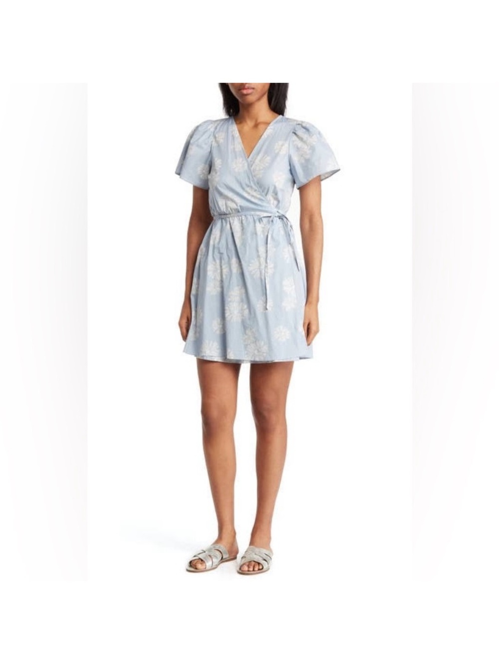Madewell Light Blue Floral Wrap Mini Dress with Puff Sleeves